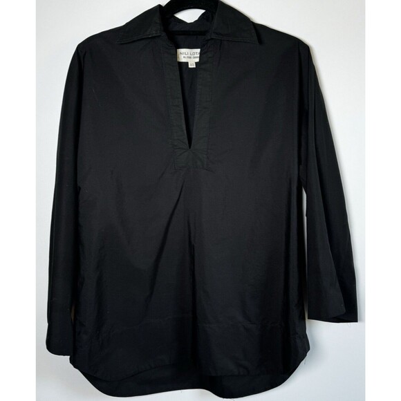 Nili Lotan Womens XS Black Split Neck Tunic Blouse Long Sleeve Minimalist - Picture 1 of 9